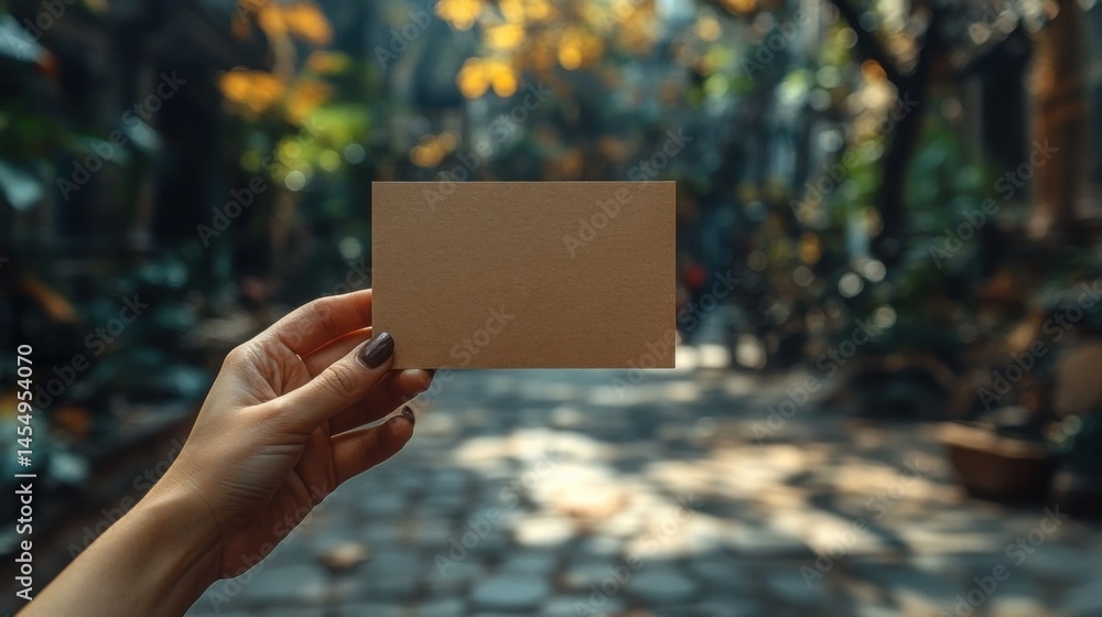 Woman s Hand Holding Blank Brown Card Outdoor Park Setting Mockup
