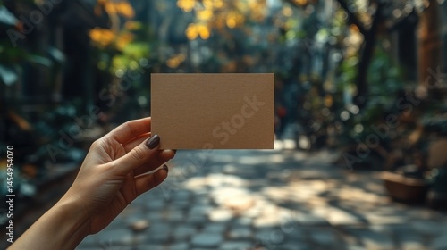 Obraz na płótnie Woman s Hand Holding Blank Brown Card Outdoor Park Setting Mockup w salonie