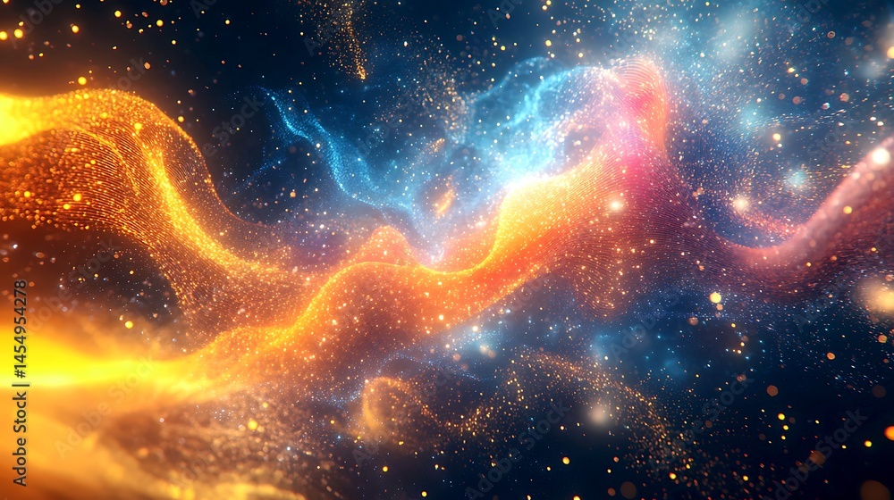 Abstract Orange Blue Energy Flowing Particles Background wave fire gold waves light space water Abstract Orange Blue Energy Flowing Particles Background wave fire gold waves light space water