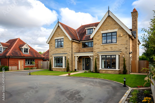 Beautiful exterior of a newly built luxury house in English country.