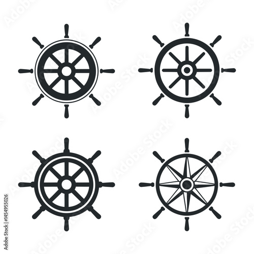 Collection of Four Nautical Ship Wheels and Compass Rose Illustrations