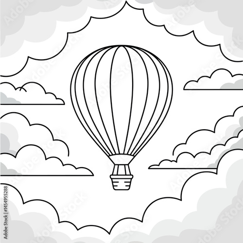 Outlined Hot Air Balloon Soaring Through Fluffy Clouds Illustration