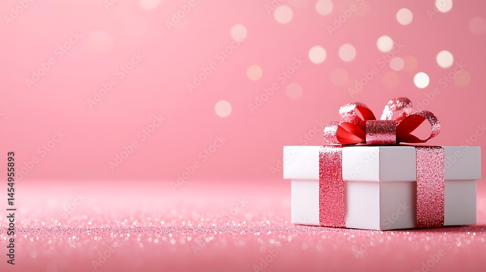White Gift Box with Red Ribbon on Pink Glitter Background White Gift Box with Red Ribbon on Pink Glitter Background