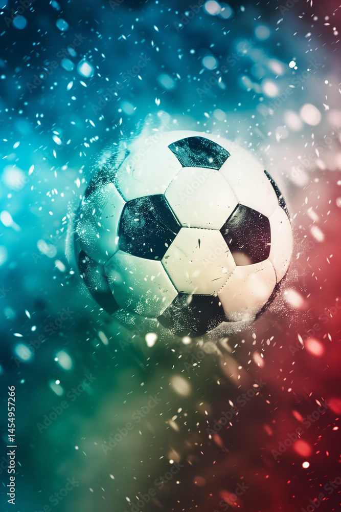 Obraz premium Ballon de football sur fond flou aux couleurs bleu ou vert, blanc rouge drapeau français, ou italien ambiance dynamique et visuelle pour match ou événement de football,