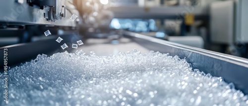 Plastic pellets fall from machinery onto conveyor belt during manufacturing process.