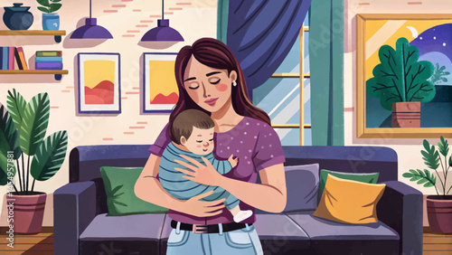 Young mother gently holding her sleepy baby boy in cozy living room, capturing tenderness vector, comfort, and maternal love. Perfect for motherhood, family bonding, and infant care lifestyle themes