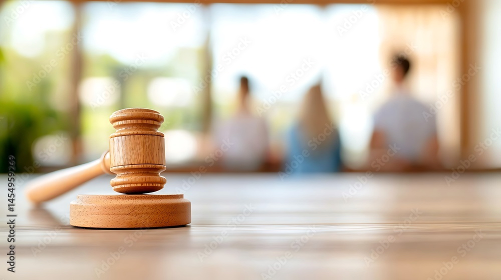 Wooden Gavel on Table with Blurred Family in Background Wooden Gavel on Table with Blurred Family in Background