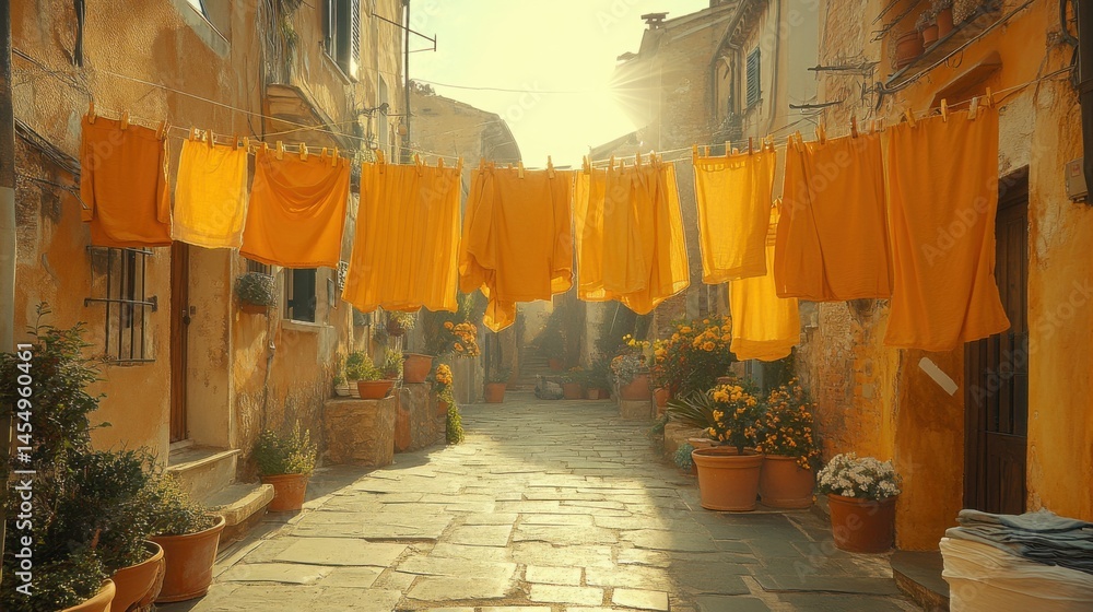 Golden Hour Laundry Drying in a Sunny Historic European Alleyway