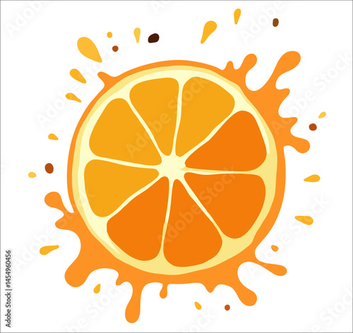 Vector design
with sliced orange, fruit juice
splashes and drops isolated 
on transparent background. Fashionable print for paper, 
t-shirt, ice cream, mandarine yogurt,
lemonade label, food packaging