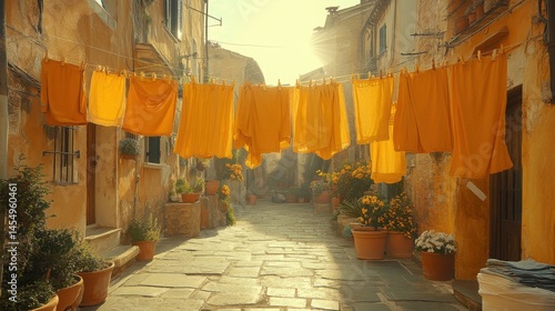 Obraz na płótnie Golden Hour Laundry Drying in a Sunny Historic European Alleyway w salonie