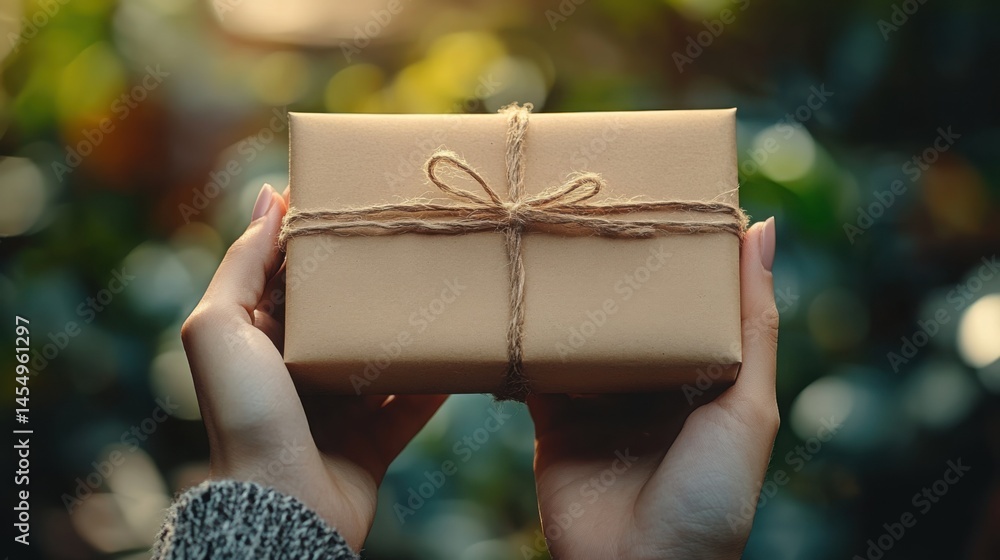 Woman s Hands Holding a Rustic Brown Gift Box Tied with Twine Outdoors