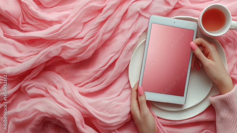 Woman s Hands Holding Tablet on Pink Fabric with Tea Feminine Relaxing Scene