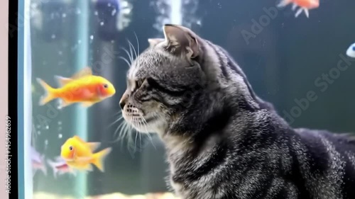 tabby cat watching goldfish in fish tank