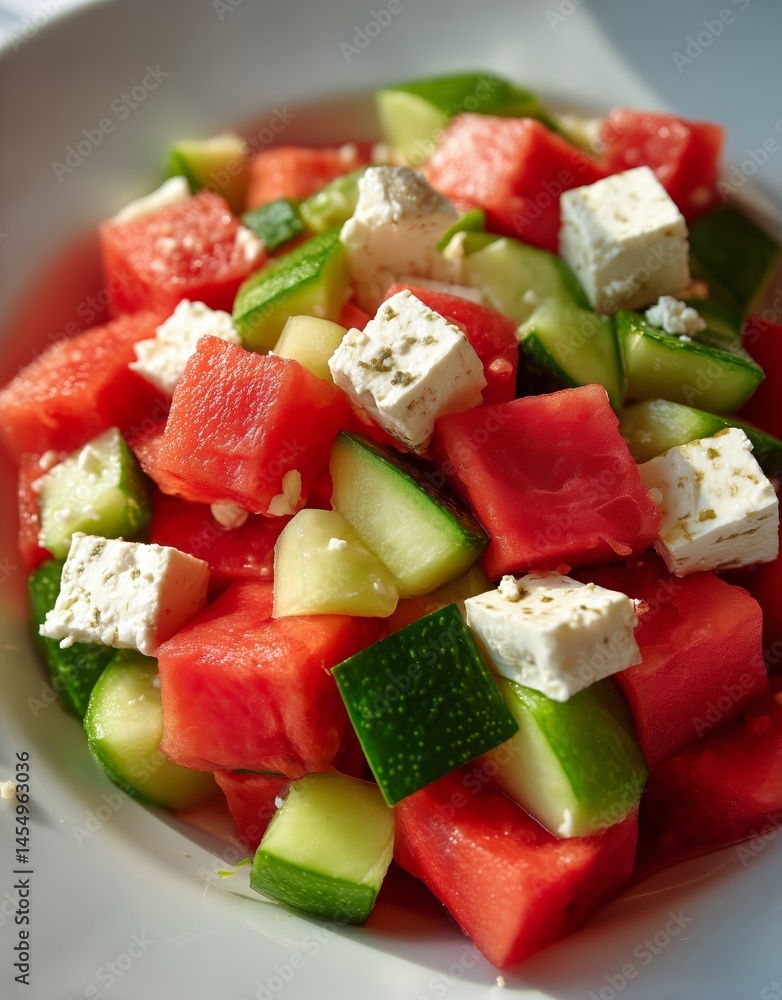 Refreshing Watermelon and Cucumber Salad With Feta Cheese During Summer Lunch Refreshing Watermelon and Cucumber Salad With Feta Cheese During Summer Lunch