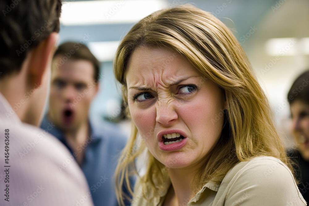 Woman expresses frustration in busy office environment Generative AI Woman expresses frustration in busy office environment Generative AI