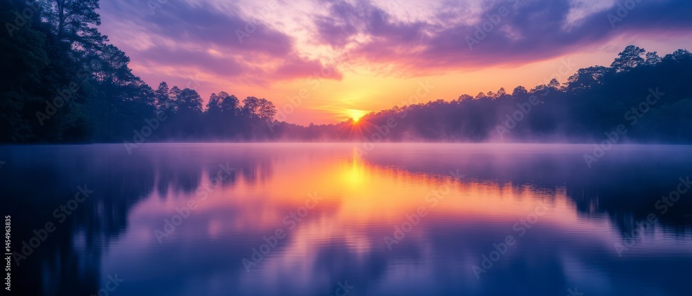 Obraz premium Lake reflects soft hues of sunrise as fog rises from water surrounded by dark silhouettes of forest, creating serene ambiance.