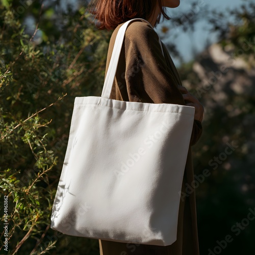 Tote bag mockup with blurred cityscape and greenery in background scene
