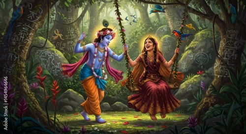 Divine Couple on a Swing in an Enchanted Forest Representing Love and Harmony