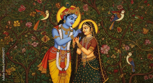 Radha Krishna Divine Love in an Enchanted Garden of Flowers and Birds