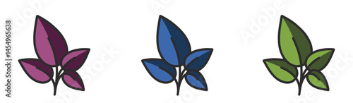 Plant with leaves illustration in green, blue and burgundy colors. Nature and floral design element. Isolated vector image
