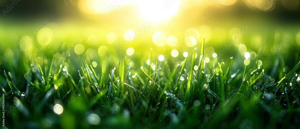 Fototapeta premium Blades of grass glisten, reflecting sunlight, creating bokeh effect, suggesting freshness, serenity, peace.