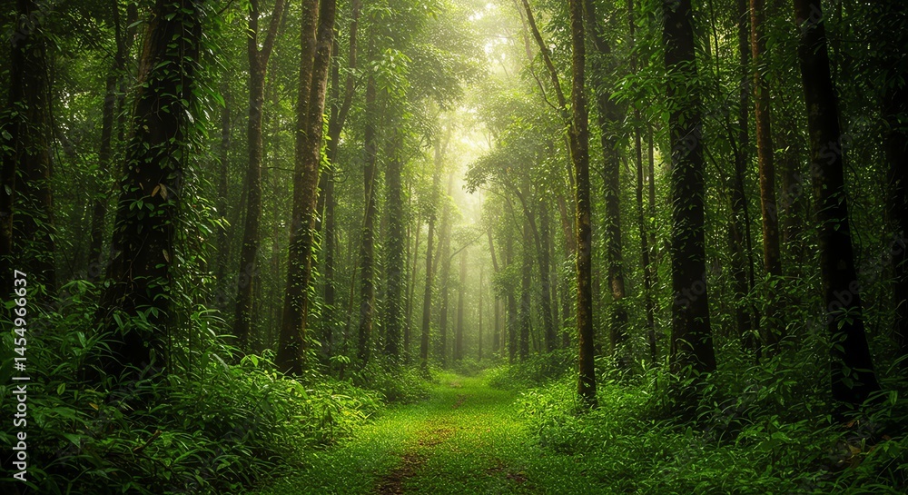 Fototapeta premium Lush Green Forest Path with Sunlight