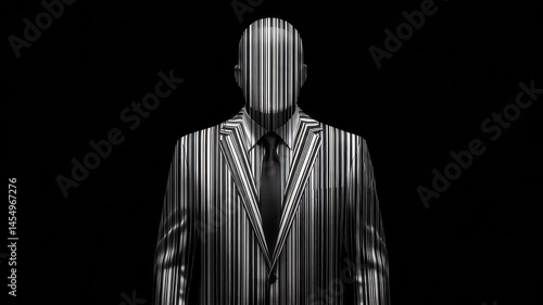 Pinstriped suited man with obscured face in stylized black and white design