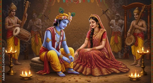 Divine love story representation of hindu deities radha and krishna in a golden setting
