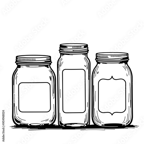 Detailed line art of storage jars with labels, organization concept