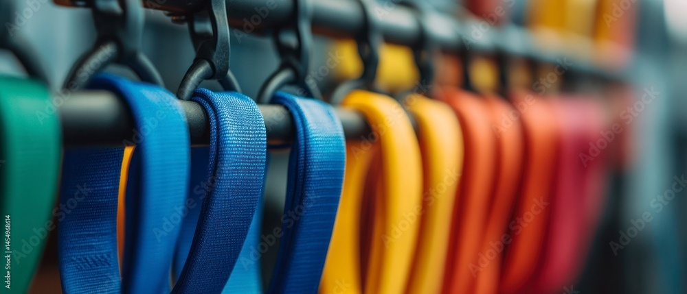 Fototapeta premium Resistance bands hang ready for strength training offering varied resistance levels.