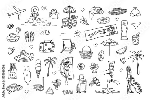 Set of summer time theme elements. Girl in a beach hat, girl with suitcase. Palms, swimsuit, plane, drink, surf, shells, starfish, beach. Travel design. Adventure. Hand drawn