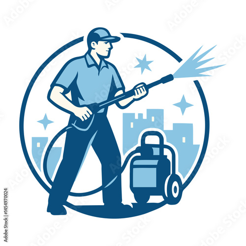 Power Washing Pressure Washer Logo Design Icon for Business worker silhouette sprayer spray gun water spray clean minimalistic illustration service branding clip art blue