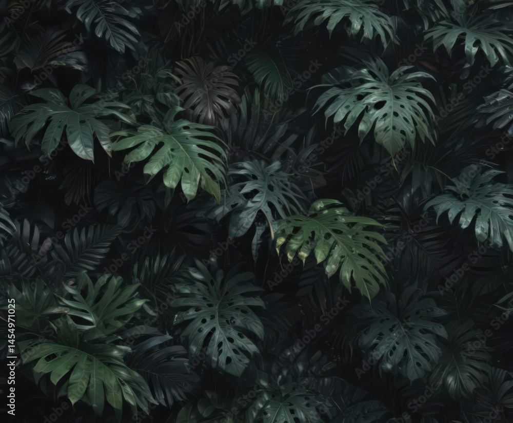 Fototapeta premium Intricate dark foliage, exotic leaf layers, mysterious tropical design , tropical, vibrant, foliage