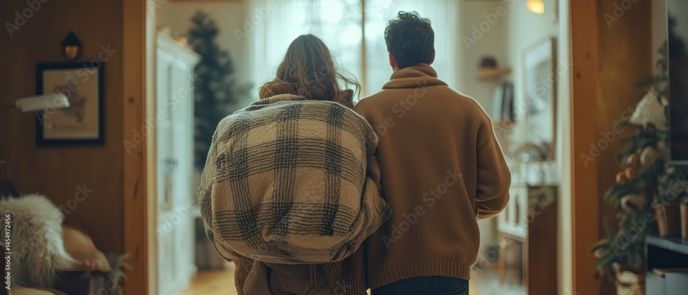 Fototapeta premium Couple walking into hallway embracing warm feelings wrapped in blanket.