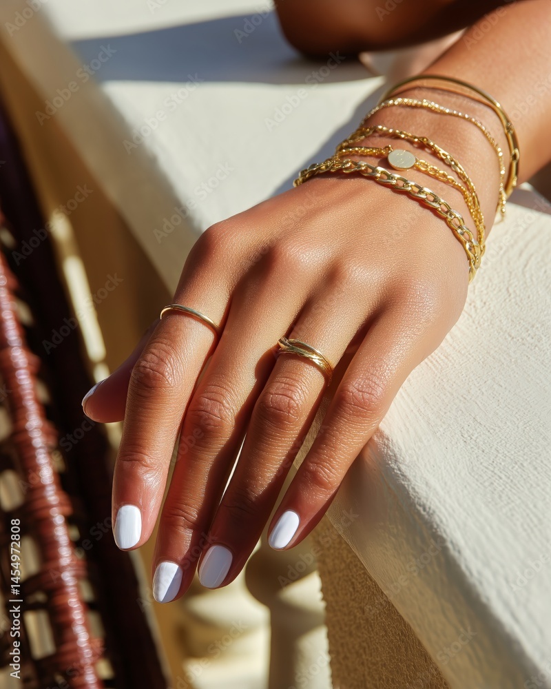Obraz premium Elegant Hand Adorned With Jewelry Showcasing a Stylish Watch and Rings in Soft Natural Light
