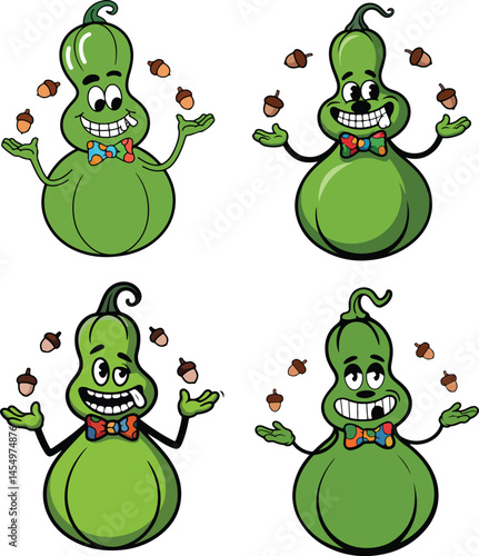 Goofy Gourd Character Juggling Acorns Autumn Vector