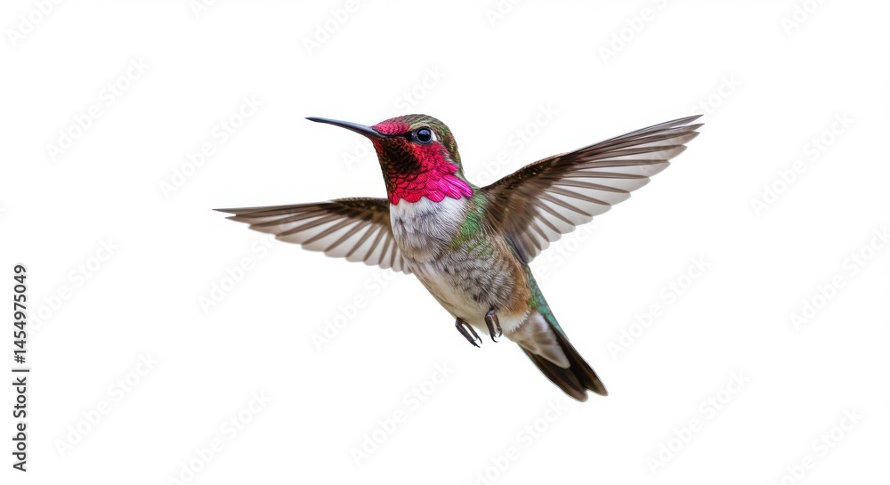 Fototapeta premium A rufous hummingbird in flight with its wings spread against a plain white background in a close up shot