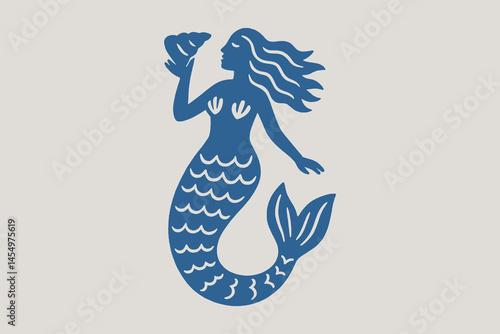 Blue mermaid silhouette naive cutout style