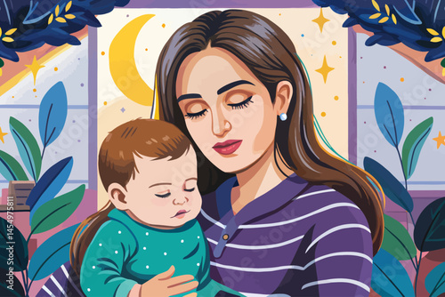 Young mother gently holding her sleepy baby boy in cozy living room, capturing tenderness vector, comfort, and maternal love. Perfect for motherhood, family bonding, and infant care lifestyle themes