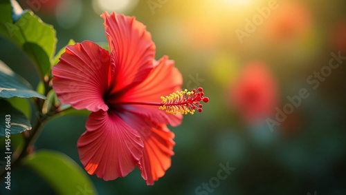 Vibrant Red Hibiscus Flower in Golden Sunlight A Stunning Close-Up