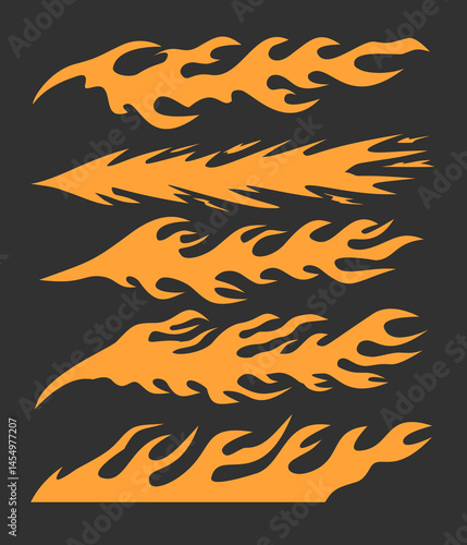 Orange fire livery design set for cars or bike, tshirt sleeve, streetwear, flames sticker element set