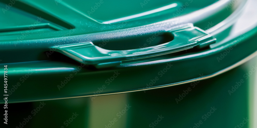 Close-up of the handle on a green plastic container lid