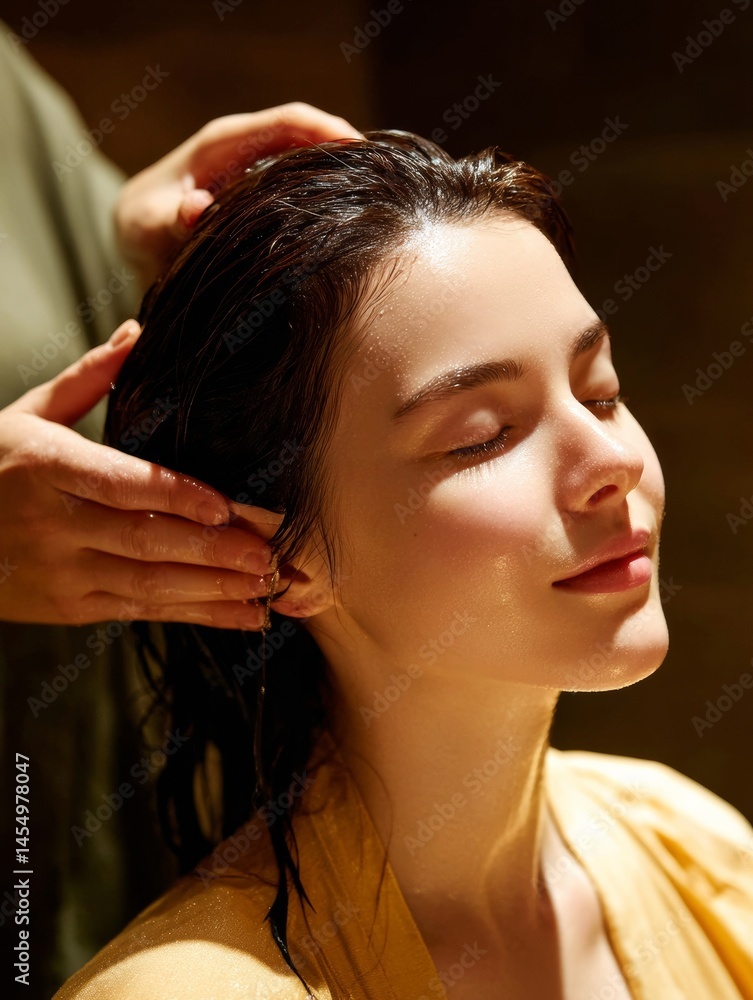 Naklejka premium Relaxed Young Woman Enjoying Head and Hair Wash at a Spa