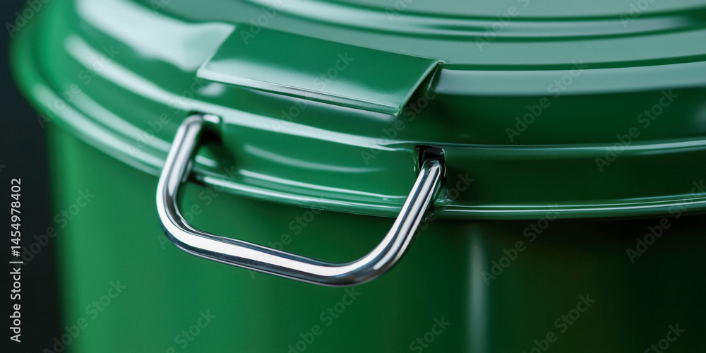 Close-up of a green metal food container with a silver handle