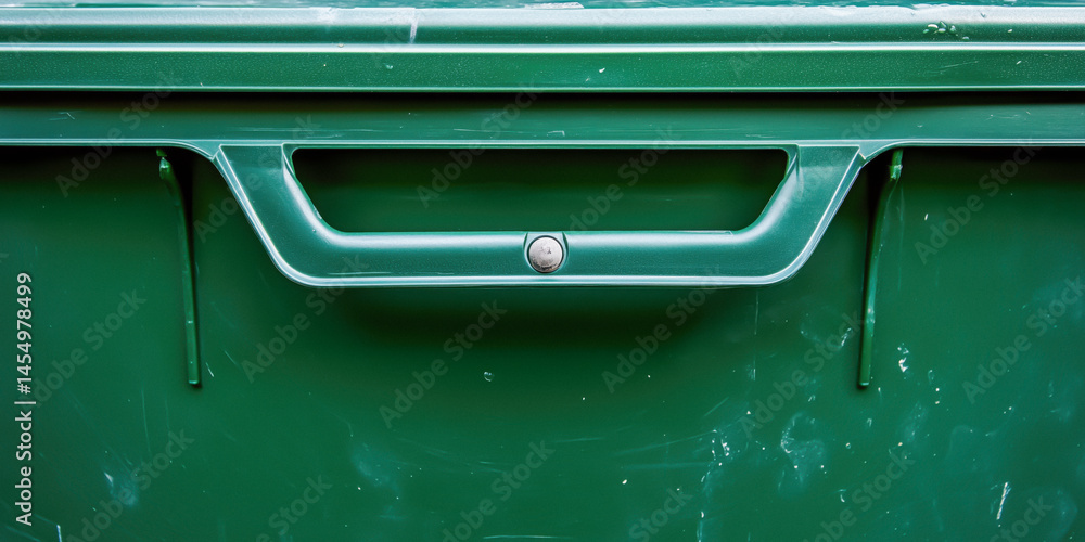 Close-up of the handle on a green recycling bin