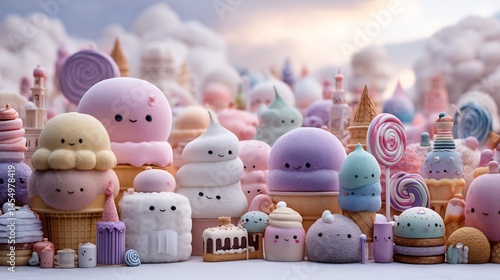 A whimsical candyland adventure with smiling sweets and cotton candy clouds