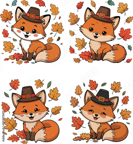 Cartoon Fox in Pilgrim Hat with Autumn Leaves Vector