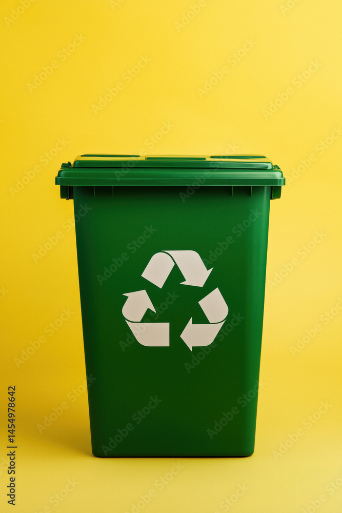 Green recycling bin with white symbol against yellow background