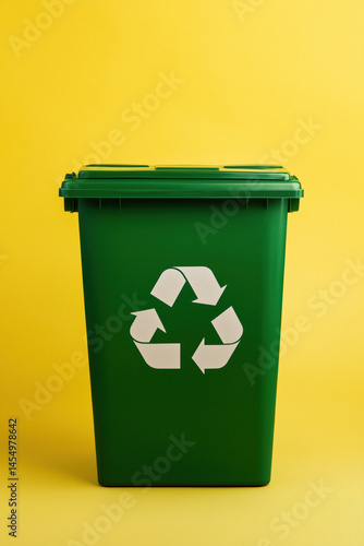 Obraz na płótnie Green recycling bin with white symbol against yellow background w salonie