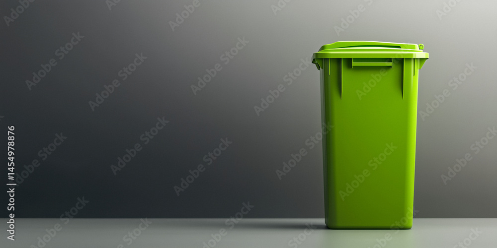 Tall green plastic waste bin against a gray background